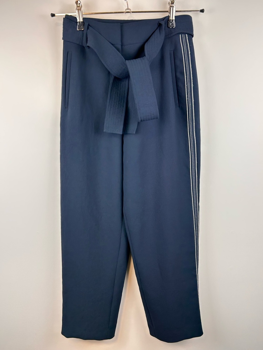 Wilfred Navy Tie Waist Crepe Pants Size 4 High Rise Tapered Ankle Trousers